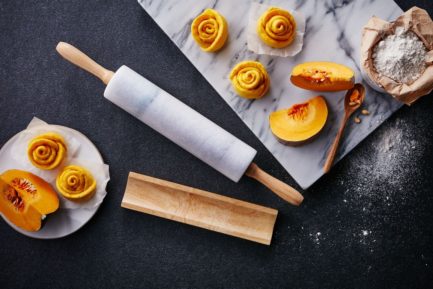 Jemarble Rolling Pin-Wooden Handles(White)(Premium Quality) Polished Surface 18-Inch(10''Barrel) Genuine Stone Non-Stick Save Ef